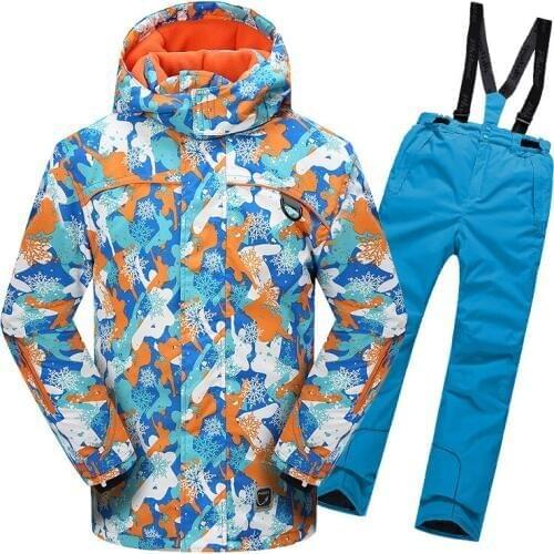 Boys Girls Ski Jacket Suit Waterproof Windproof Ski Snowboard Kid Warm Thermal Hooded Fleece Inside Little Children Clothing Set