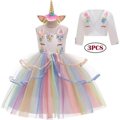 New Unicorn Dresses Baby Girls Costume Christmas 2020 Birthday Evening Party Girls Kids Clothing Carnival Bow Lace Vestidos 2-10