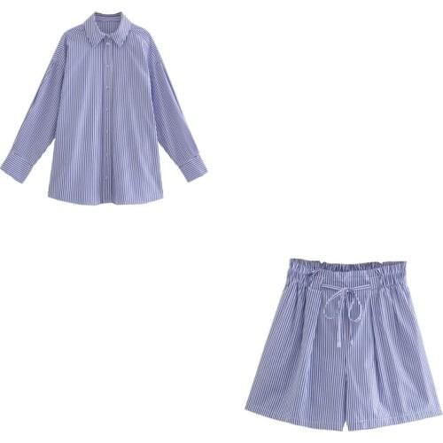 ZXQJ Casual Women Striped High Waist Shorts Suits 2021 Summer Fashion Ladies Turn-down Collar Two Piece Sets Girls Chic Suits