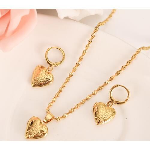 Romantic Heart photo frame Pendant Necklace chain Earrings sets Jewelry Gold wedding bridal Necklaces jewelry Sets for Women