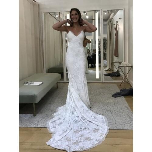 High-end Mermaid Wedding Dresses Bridal Gowns Luxurious Robe De Mariage Rose Stretch Lace Low Back Ruching Spaghetti Straps