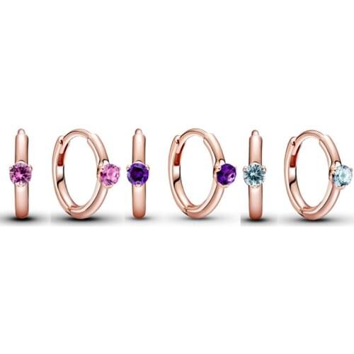 Authentic 925 Sterling Silver Earring Solitaire Huggie Hoop Earring With Pink Purple Blue Crystal For Women Gift pan Jewelry