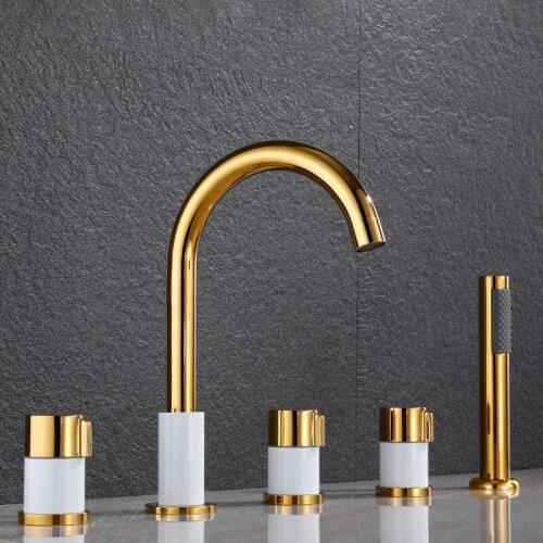 Bathroom Basin Faucets Brass Widespread Sink Mixer Taps Hot & Cold Deck Mounted 3 Handle 5 Hole With Handheld Gold Black Chrome