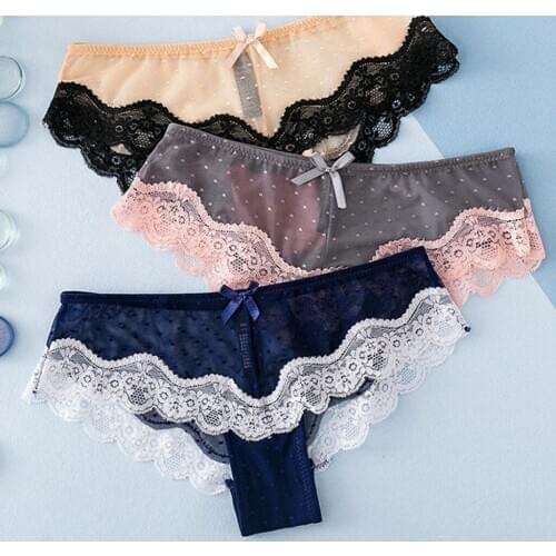Girls Bow Dot Lace Briefs Sexy Womens Underwear Transparent Lace Panties Low Waist Underpants Breathable Thongs Femme Lingerie