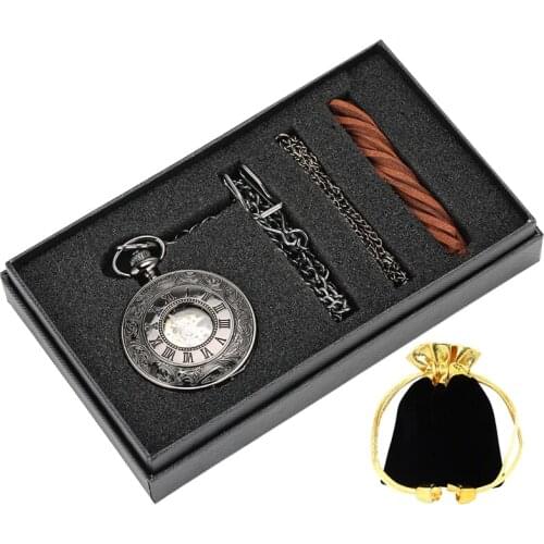 Vintage Roman Numerals Steampunk Mechanical Pocket Watch Chain Necklace Hand Winding Clock Antique Gifts Box Sets for Men Women