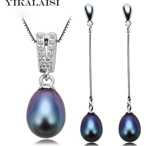 YIKALAISI 2017 100% Natural Pearl Jewelry Set For Women 925 sterling Silver Pendant Necklace Drop Earring 8-9 mm Pearl