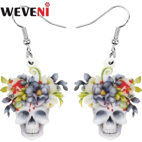 WEVENI Acrylic Halloween Flower Skull Earrings Elegant Long Dangle Drop Jewelry For Women Girls Trendy Party Gift Decoration