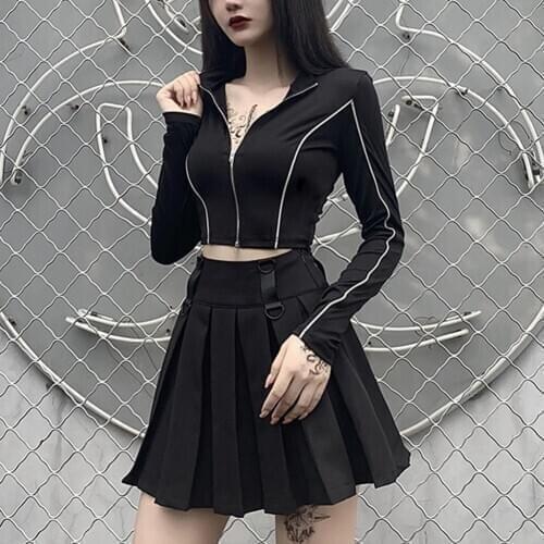 Gothic Sexy Crop Tops Women Reflective Double Zipper Long Sleeve O Neck Balck Slim T Shirts Fashion Tshirt E Girl Aesthetic Tops