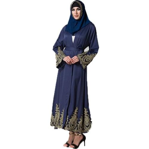 BianFeng Womens Gold Lace Dubai Abaya Fashion Stitching Ramadan Cardigan Robe Vestidos Eid Mubarak Robe Dress Color Navy