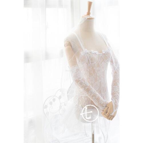 Sexy Hanayome Bride Wedding Style Womens Mesh White Transparent Dress Princess 5PCS SET Veil& Gloves & Panties Exotic Apparel