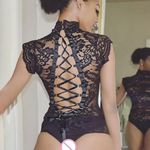 Women Sexy Lace See-through Lingerie See-through Cheongsam Turtleneck Hollow Out Nightwear Underwear Erotic Bodysuits Romper