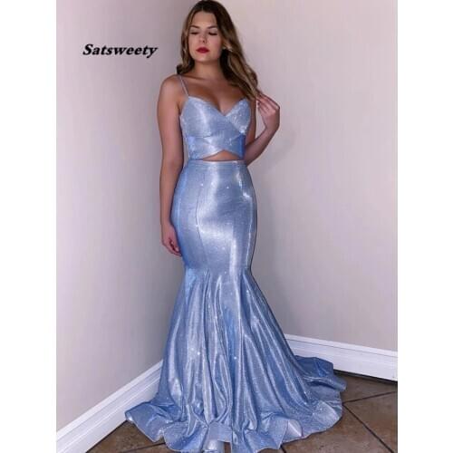 Satsweety Backless Prom Dresses Spaghetti Straps V-Neck Blue Two Piece Glitter Evening Gowns Plus Size Party Gown