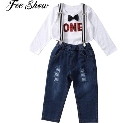 Spring Baby Boy Gentleman Outfit Formal Wedding 1st Birthday Suits Boys Long Sleeves Romper Suspender Jeans Pants Bow Tie 2Pcs