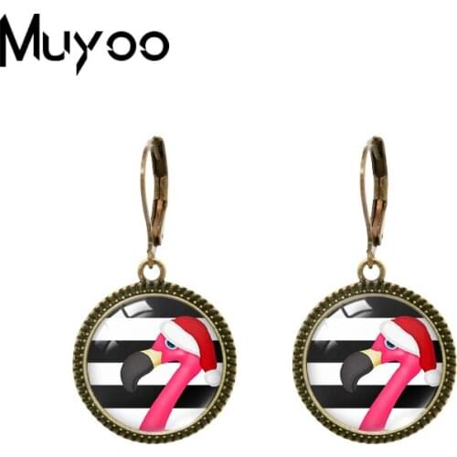 2020 New Christmas Flamingo Dangle Earring Bird Art Painting Vintage Earring Glass Cabochon Hand Craft Jewelry