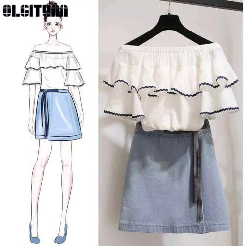 2020 New Summer Word Shoulder Chiffon Suit Skirt Female Fashion Careful Machine Chic Denim Two-Piece Suit WS128
