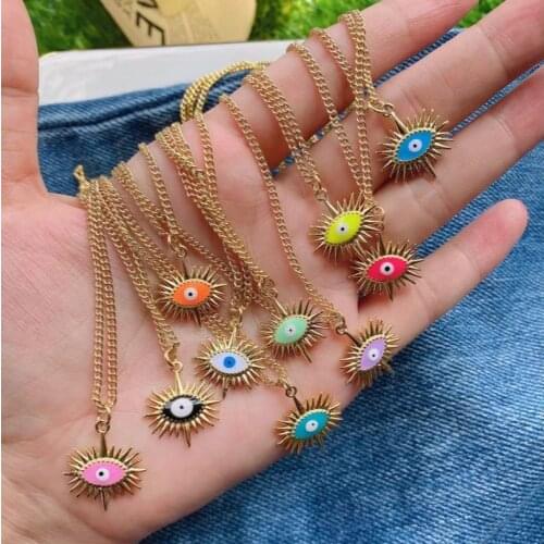 5Pcs Fashion eye mini pendant necklace colorful enamel eyes charm jewelry gold plated Cuban chain necklace for wholesale