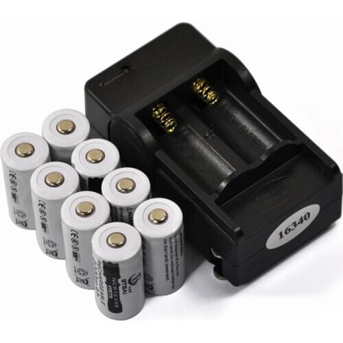 8PCS 3.7V 2200mAh 16340 CR123A Rechargeable Li-ion Battery + 1PCS 2-slot Travel Battery EU Charger,Flashlight Lithium Battery