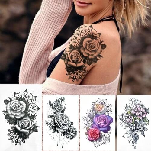Black Rose Temporary Tattoos Sticker For Women Female Sexy Fake Body Art Decoration Tattoo Realistic Cluster Armband Tatoo Paste