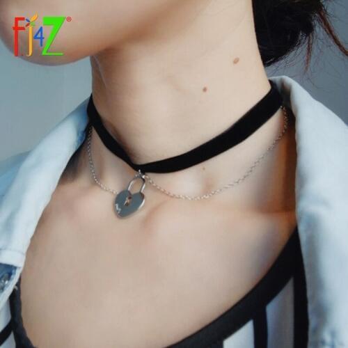 F.J4Z New Chokers Hot Silk Velvet Silver Color Love Heart Lock Key Angel Cross Charms Chain False Necklace for women Bijoux