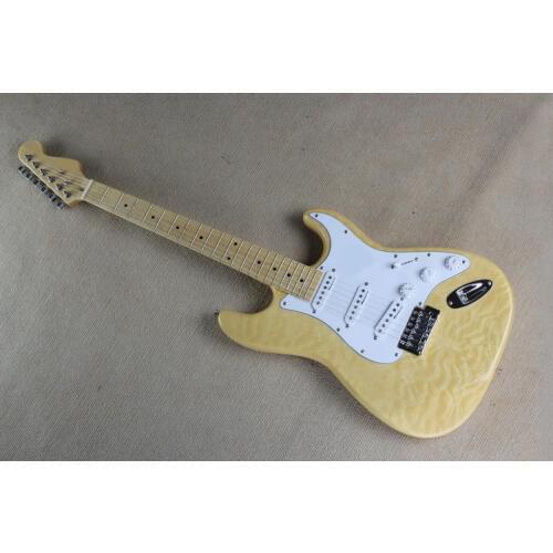 Factory Custom Natural Wood Color Electric Guitar with White Pickguard,Flame Maple Veneer,Chrome Hardwares,Offer Customized