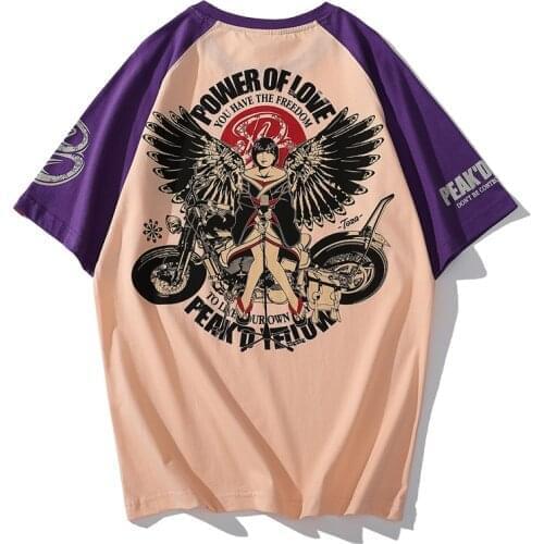 Mens Motorcycle Biker T Shirt Japanese Beauty Print T-shirt Summer Short Sleeve Hip Hop Casual Loose Cotton Tops Tee Shirt