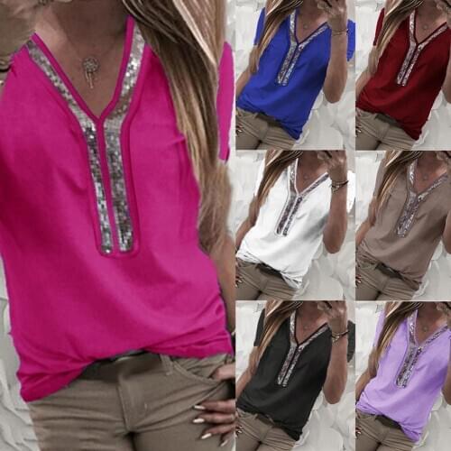 Plus Size Summer Fashion Sequin Patchwork V Neck Short Sleeve Women T-Shirt Top