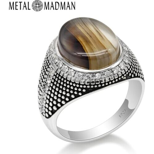 Real 925 Sterling Silver Men Ring with Textual Agate Stone and Cubic Zircon Turkish Thai Silver Finger Ring for Man Fine Jewelry