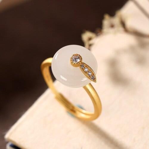 Natural 925 sterling silver gilded inlaid hetian jade safety button rotatable simple retro for women rings resizable rings