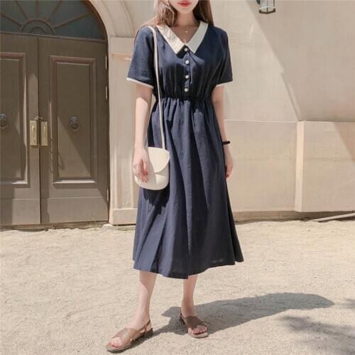 Plus size Summer Dress Girls Boho Party Female Vintage Dress Blue buttons collar Short Sleeve Women Dresses Long Robe Vestido