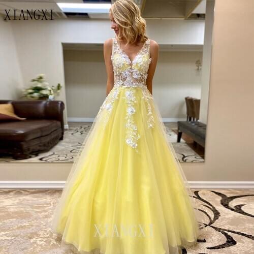 Youthful Yellow Prom Dress 3D Flower Long Prom Dresses Transparent Floor Length Formal Party Gown Elegant Prom Gowns vestidos
