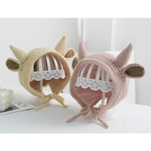 Cartoon Horns Ear Protection Baby Hat Autumn Winter Warm Newborn Girl Boy Knitted Cap Solid Color Infant Toddler Crochet Beanies