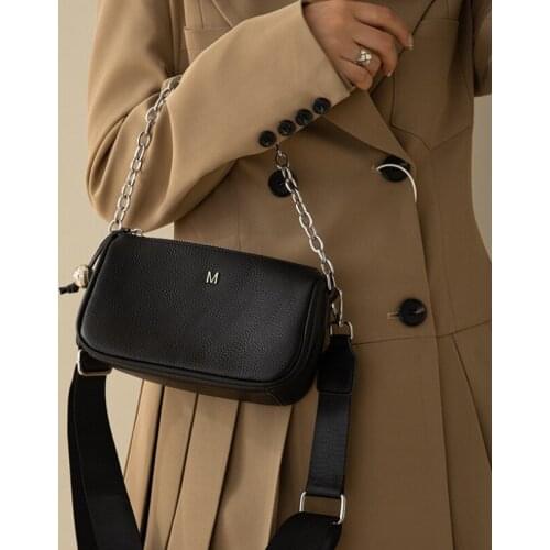 Genuine Leather Wide Shoulder Strap Chain Crossbody Bag For Women High Quality Luxury Design Handbag And Purse Female Travel Bag