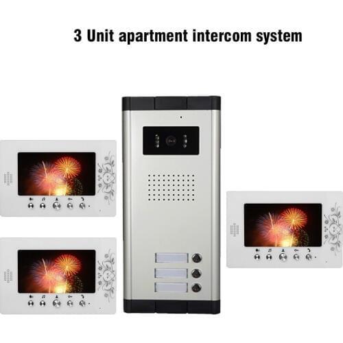 3 Units Apartment Video Intercom System 7 inch LCD Mointor Video Door Phone Doorbell System 1 Camera 3 Monitor