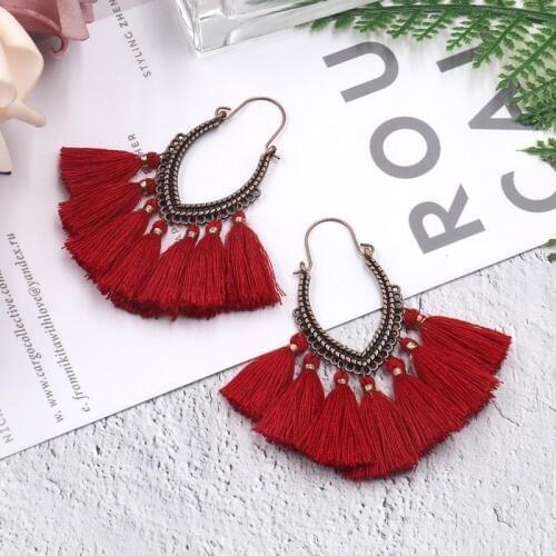 Vintage Boho Long Tassel Fringe Pendant Hoop Earrings for Women Girl Ethnic Bohemia Round Pendant Drop Ear Cuff Earrings Hoop