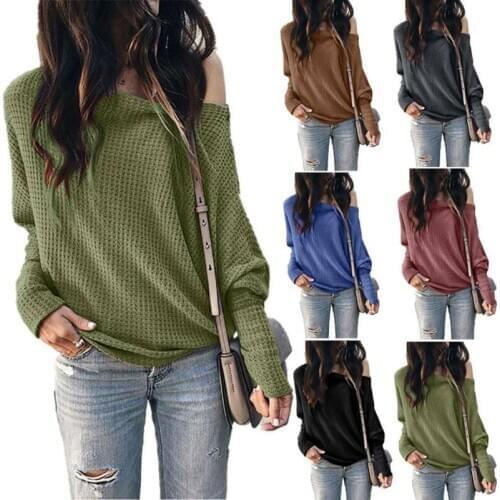 Womens Off Shoulder Blouse Tops Casual Long Sleeve Warm Pullover Jumper Sweater