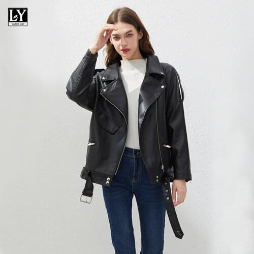 LY VAREY LIN 2021 Spring Women PU Faux Leather Jacket Casual Biker Jackets Outwear BF Style Black Leather Jacket Female Coat