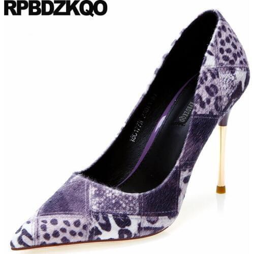 Velvet Lavender Stiletto Pointed Toe Size 4 34 Thin Metal Heels Leopard Print Purple High Ladies Pumps 2019 New Novelty Scarpin