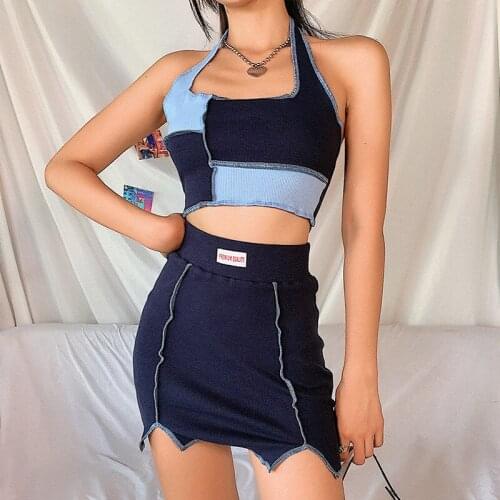Womens Elegant Suit Color Block Patchwork Halter Sexy Backless Tank Top Skinny Wrapped Hip Skirt Ladies Daily Streetwear Set
