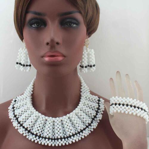 Handmade Crystal Beaded Bridal Necklace Set Romantic White Chunky Bib Women African Jewelry Sets New Year Gift Free Ship W14036