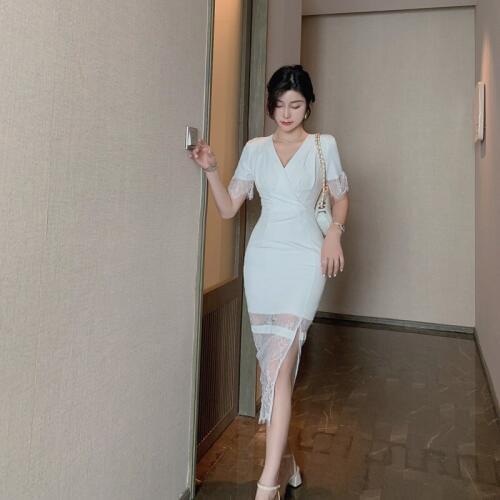 Lace Patchwork Bodycon Classy Dress Summer 2019 Women V-neck Short Sleeve Elegant Midi Dress for Women Sexy Party Office Dresses