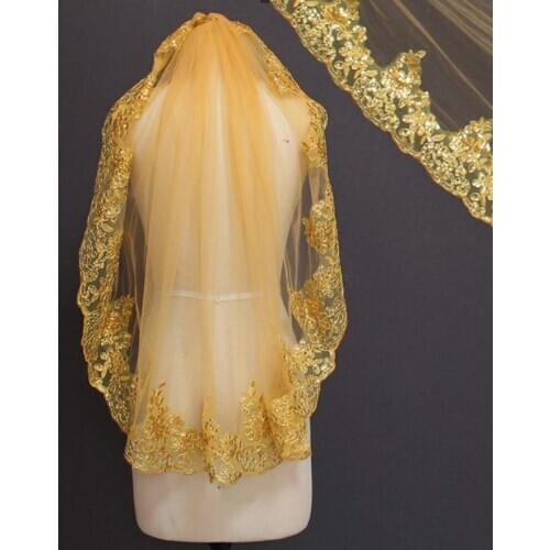 Women Soft Mesh Metallic Gold Sequins Embroidered Lace Vintage Mantilla Wedding Veil Head Covering with Comb Party Costume