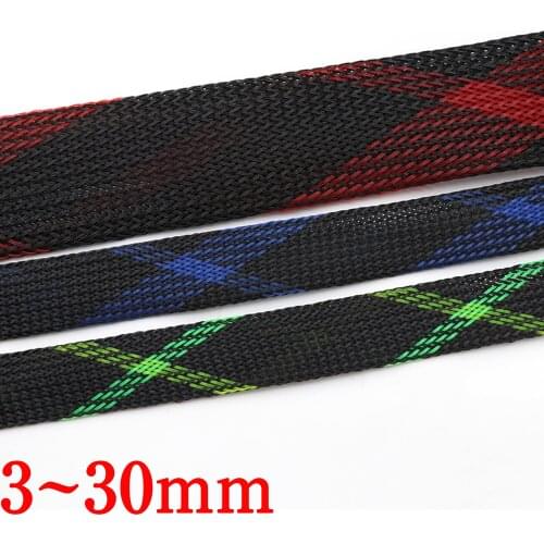 1M/5M Black+Blue/Red/UV Green+Yellow Tight High Density PET Braided Sleeve 3 - 30mm Insulated Line Cable Protection Expandable