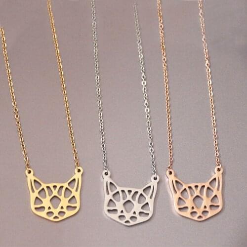 Everfast 1pc Origami Cat Head Pendant Collar Necklaces Cute Little Hollow Kitten Stainless Steel Necklace Jewelry Accessories