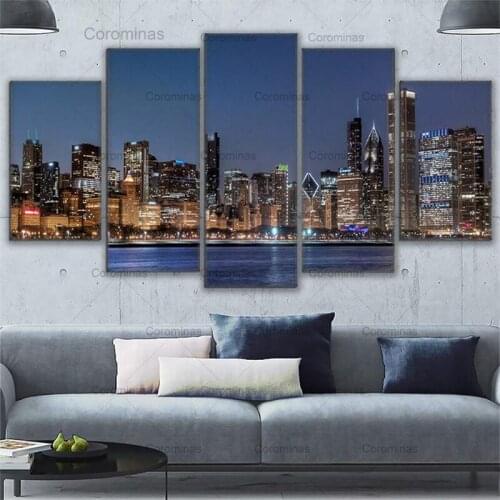 Chicago River Cityscape Canvas Painting Wall Art Pictures Hd Posters and Prints 5 Pieces City Nightscape Living Room Decoration