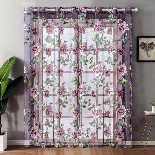 Decorative Curtain Glass Door Elegant Women Bedroom Peony Voile Curtain Tulle with Lace Ham Pendants French Window Drape Sheer