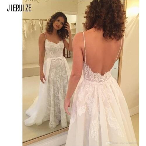 JIERUIZE Boho Lace Wedding Dresses Modest Spaghetti Straps Backless With Detachable Train Beach Bridal Gowns robe de mariee