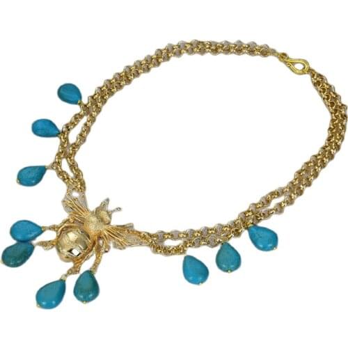 JK Retro 19'' 2 Strands Gold Plated Bee Water drop Blue Turquoise Pendant Chain Vintage Style Necklace