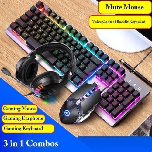Voice Control Backlit Keyboard Mouse Earphone Combos Suspended Gaming Keyboard and Mouse 3200DPI Earphone for Desktop Computer