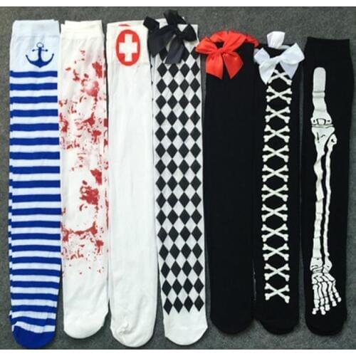 Blood Stained Zombie Stockings Tights Cosplay Nurse Fancy Dress Blood Skeleton Stain Hosiery Thigh Long Socks white Festive