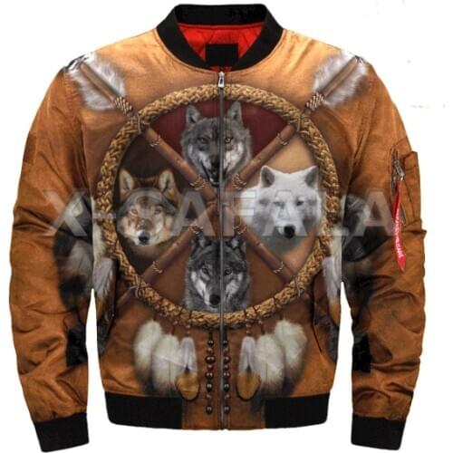 Mens Unisex 3D Wolf Bomber Jackets Native Indian Print Zipper Flight Jacket Casual Thick Coats Unisex Harajuku Women Streetwear